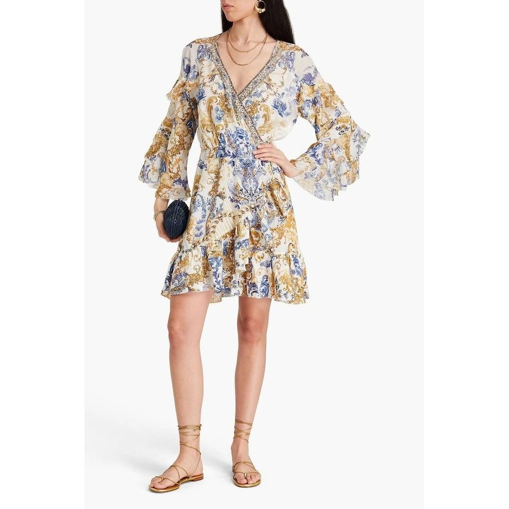 Camilla Soul Searching Silk Wrap‎ Mini Dress XS Blue Gold Baroque Print $799